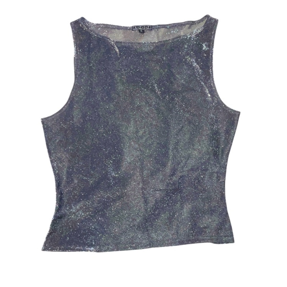 Vintage Y2K Aziz Metallic Grey Sleeveless Shirt Tank Top High Neck Boxy Large